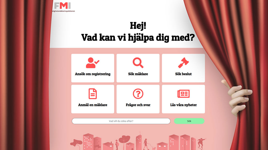 FMI:s nya hemsida skymtar bakom en röd ridå som viks åt sidan av en hand.